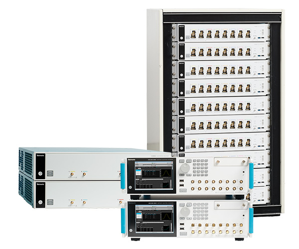 Product image showing the Tektronix DPO70000SX, the 6 Series low profile digitizers in a rack mount configuration, and a two-stack of AWG5200 function generator.