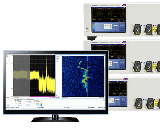 Monitor with a PDV measurement on the screen sitting next to a stack of three Tektronix DPO70000SX performance oscilloscopes.