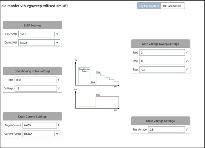 Screenshot showing configure view of the sic-mosfet-vth-vgsweep-vdfixed-smu test.