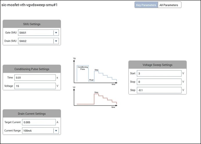 Screenshot of configure view of the sic-mosfet-vth-vgvdsweep-smu test.