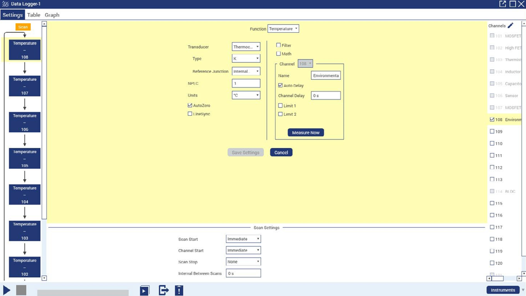A screenshot of the KickStart Datalogger App Settings tab, configured to take infinite scans of eight channels taking temperature measurements.