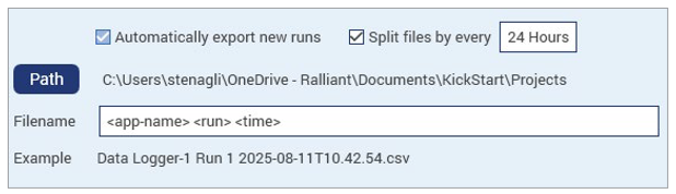 A screenshot of the KickStart Software data export menu with Auto Export and file splitting enabled.