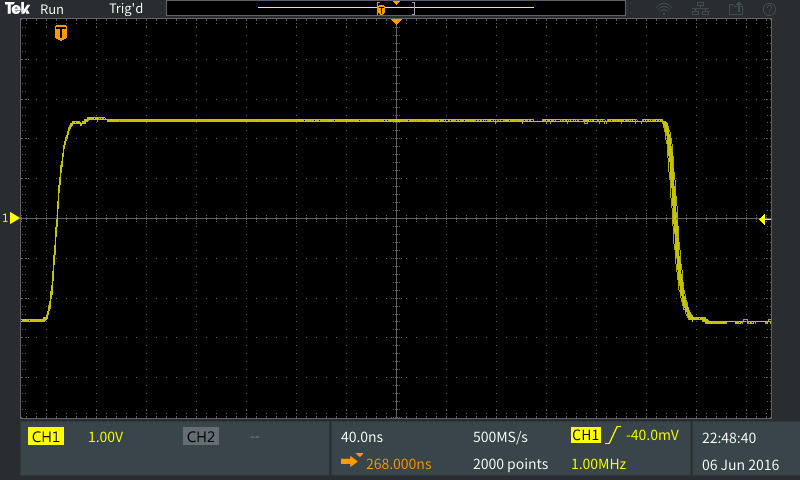 Horizontal scale set to 40 ns/division begins to show rise and fall time Fig0320Hor20is204020ns