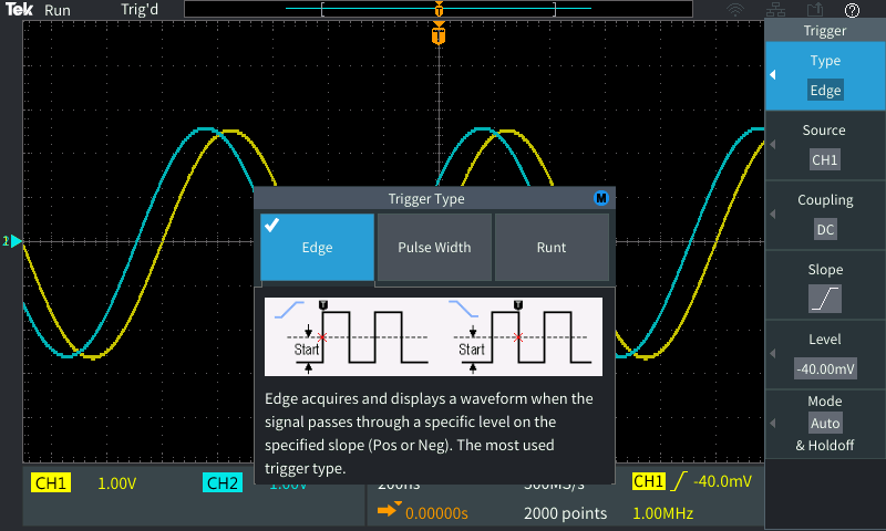 The trigger menu is easily accessed from a front-panel button Fig0620Trig20menu