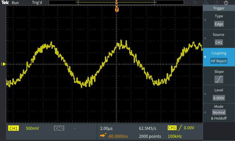 Using “HF Reject” to filter high frequency noise from a trigger source Fig1120Noisy20Stable