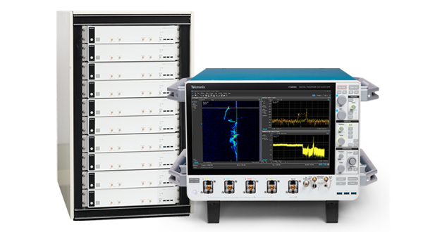 Side-by-side image of the Tektronix 7 Series DPO oscilloscope showing a PDV measurement on the screen and the6 Series low profile digitizers in a rack mount configuration.