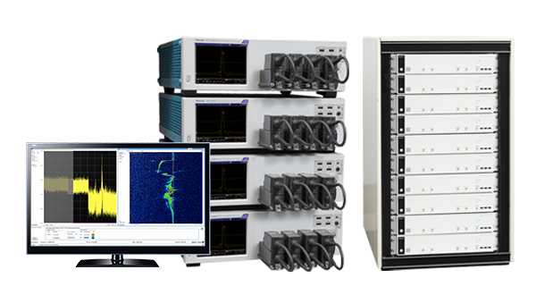 Side-by-side image of the Tektronix DPO70000SX and the 6 Series low profile digitizers in a rack mount configuration. Next to the racks is a monitor showing a PDV measurement on the screen.