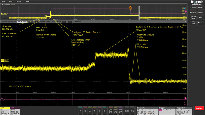 An oscilloscope display showing a double pulse test on a half bridge power converter.  The upper waveform shows Vds measured by a high voltage differential probe. The middle waveforms show Id measured by an IsoVu Isolated Current Probe and load inductor current measured by a clamp on current probe. The lower waveform shows the Vg waveform measured using an IsoVu Isolated Voltage Probe.